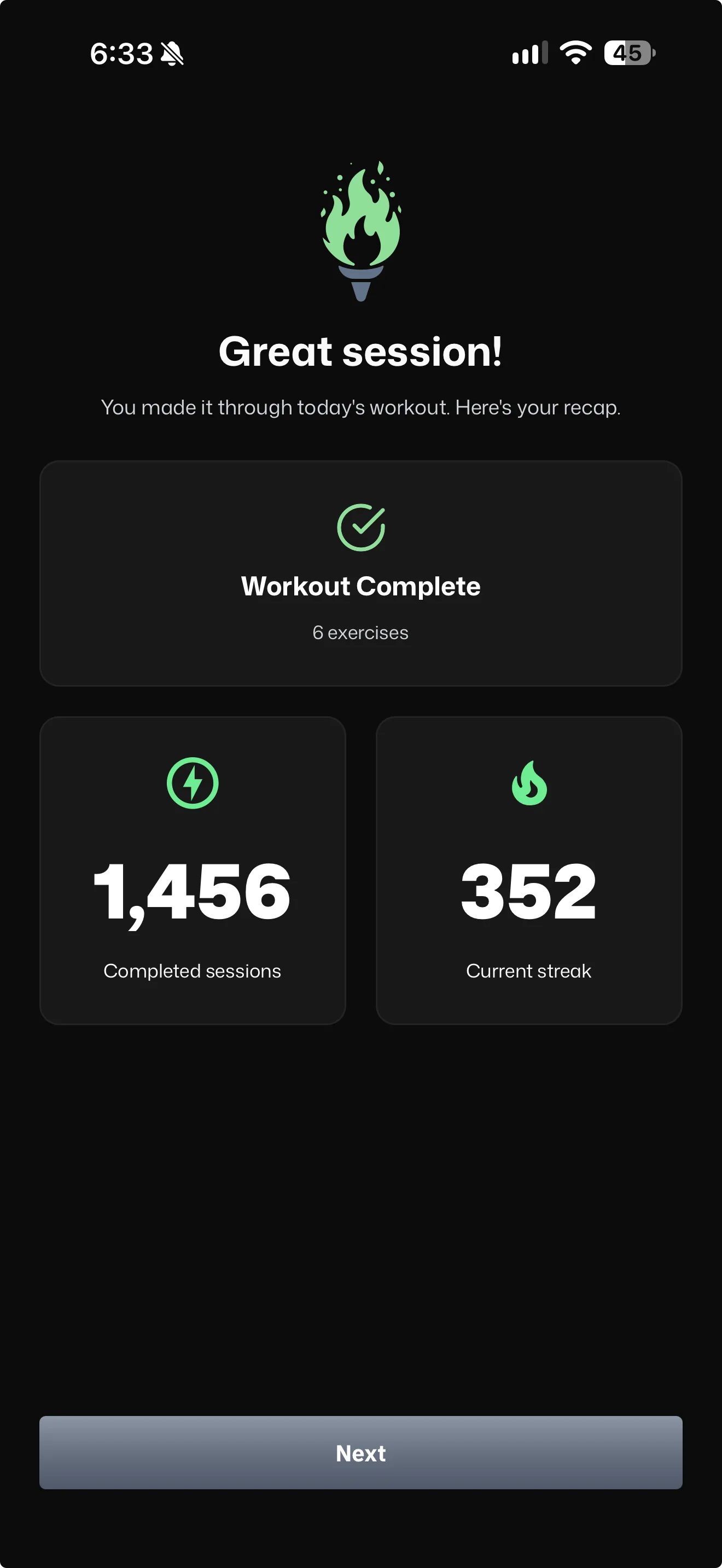 Great session! Workout complete recap