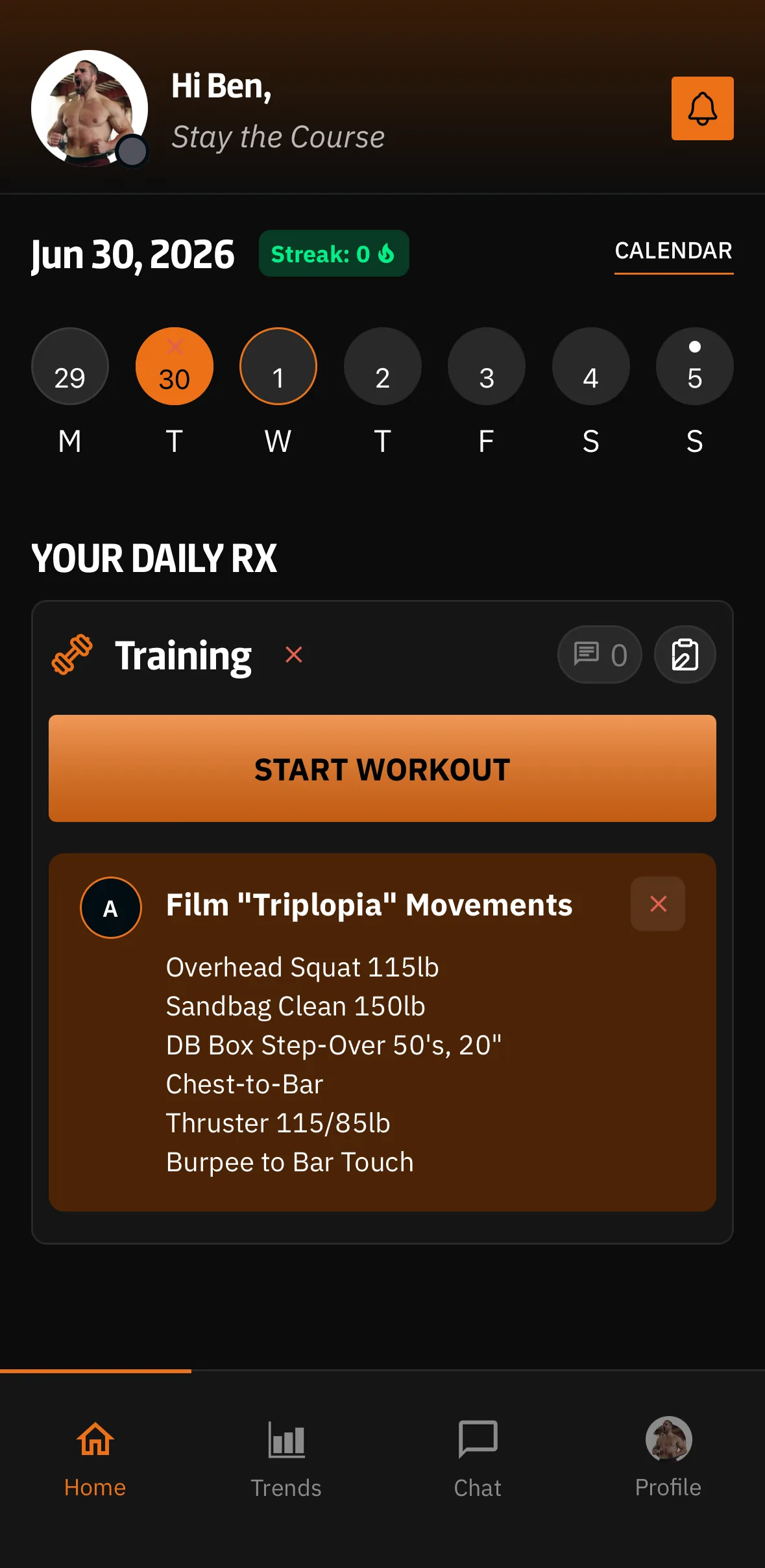 ZOAR Fitness themed client app home